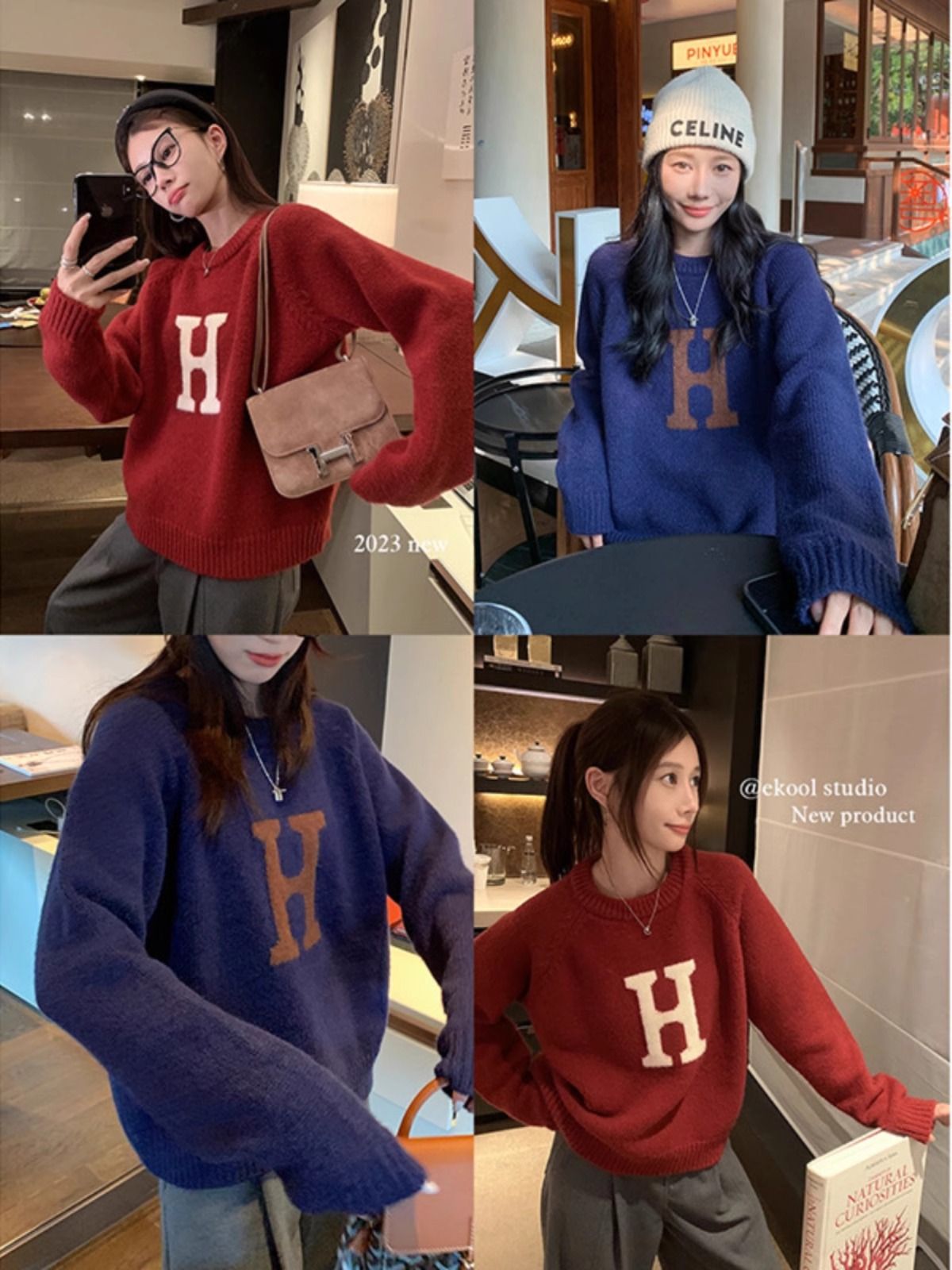 Lazy style soft waxy letter red thickened sweater for women 2023 winter new style loose and slim pullover knitted top