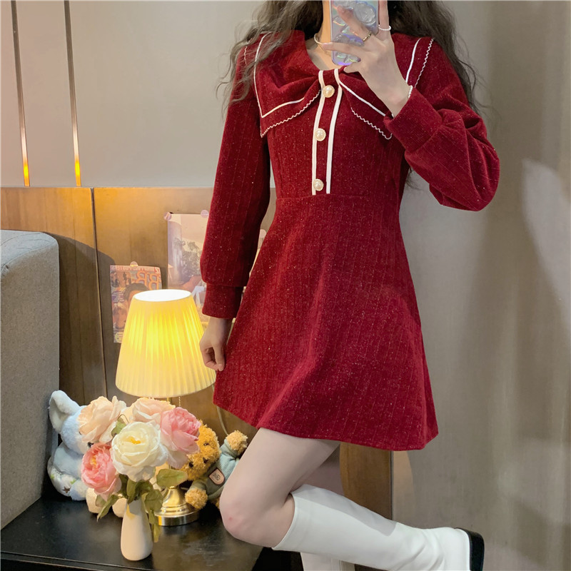 實拍~蝴蝶結領紅色連衣裙女秋冬新款加厚雪尼爾新年聖誕短裙