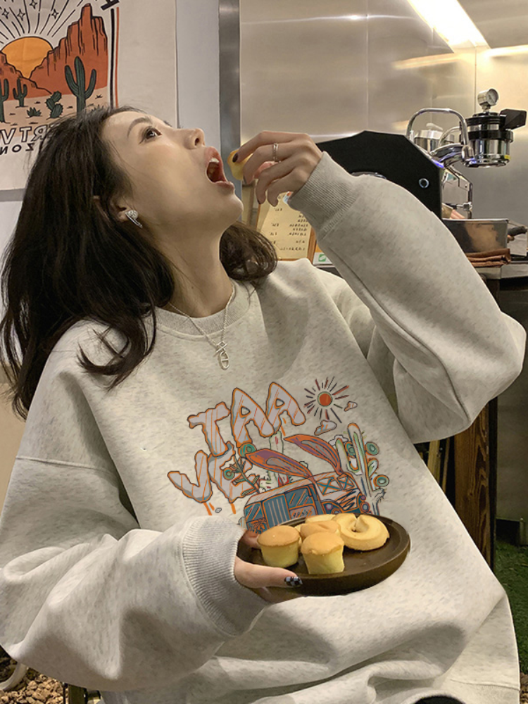 食毛華棉複合銀狐絨380克  薄款/加絨前印花圓領衛衣女