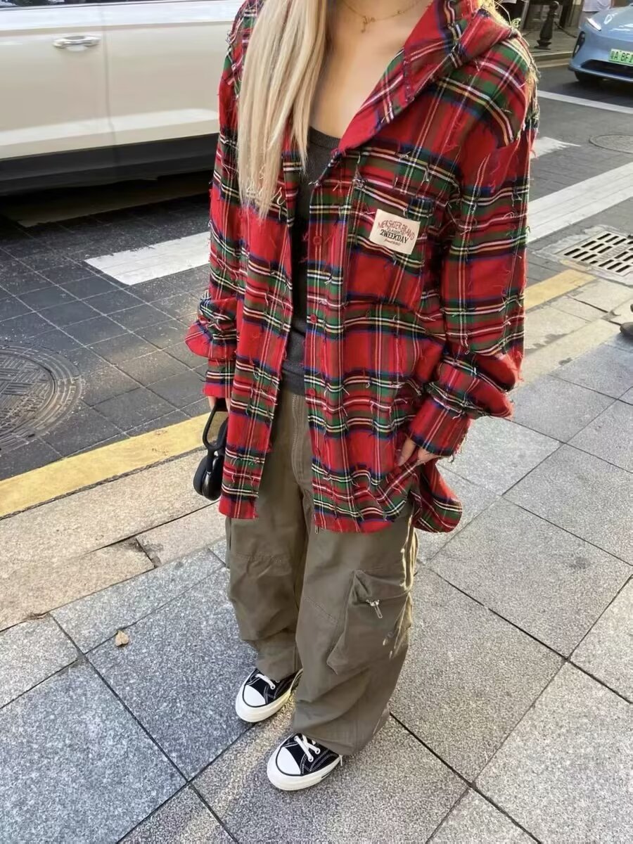 美式復古聖誕節新年紅格子襯衫女春秋寬鬆做舊磨毛連帽長袖襯衣