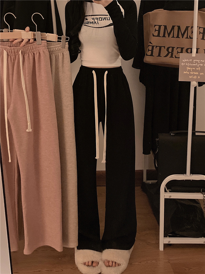 實拍 冬裝新款高腰顯瘦休閒百搭加絨加厚抽繩闊腿拖地褲女
