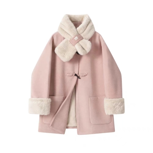 Star Recommendation: New Winter Korean Style Girl’s Plush Warm Sweet Long-Sleeved Jacket with Scarf