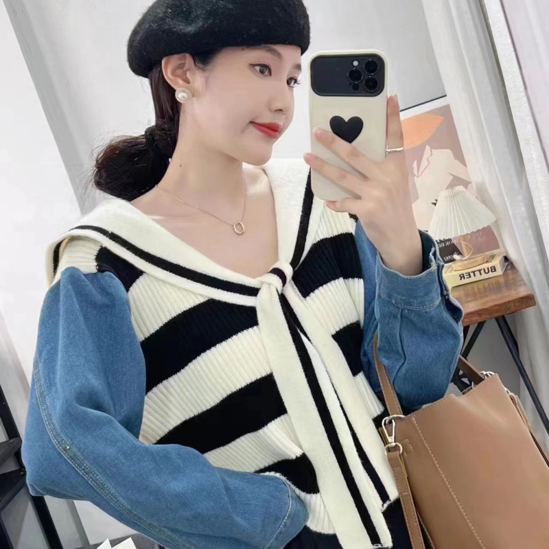 新款英倫風針織牛仔拼接時尚開衫女春秋外穿寬鬆百搭減齡毛衣開衫
