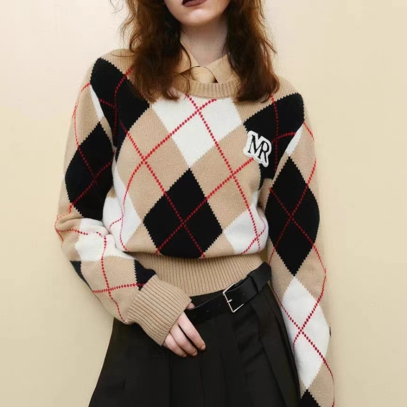 2023秋季時尚百搭寬鬆美式復古菱格圓領長袖毛衣針織衫上衣女