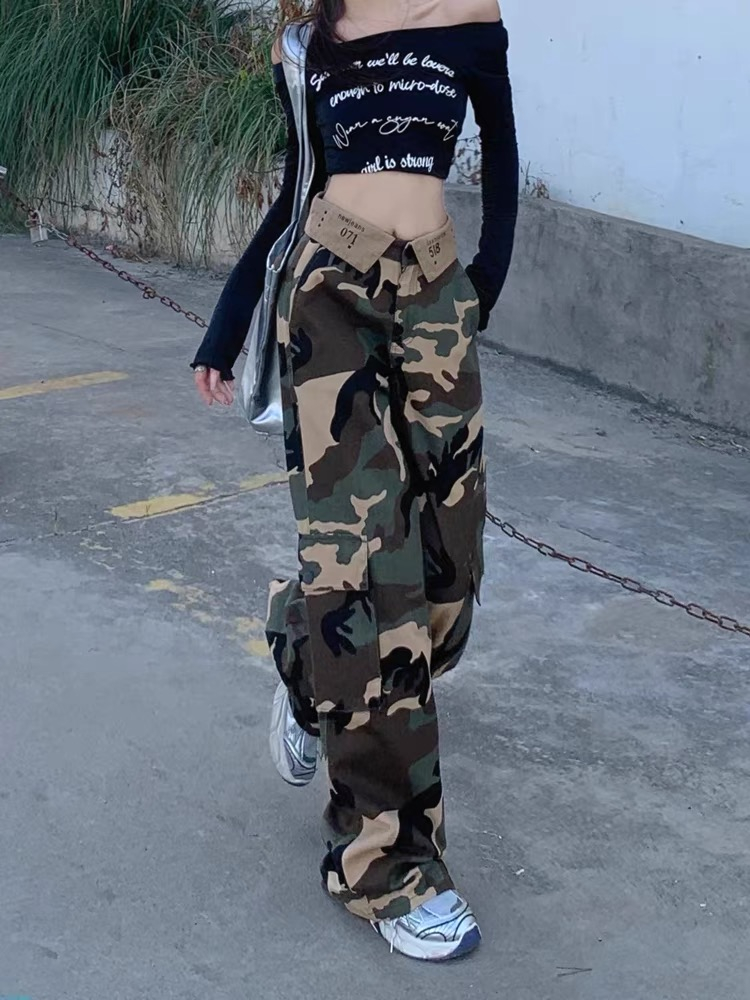 美式復古高腰牛仔褲女秋裝迷彩辣妹工裝褲直筒長褲寬鬆闊腿褲