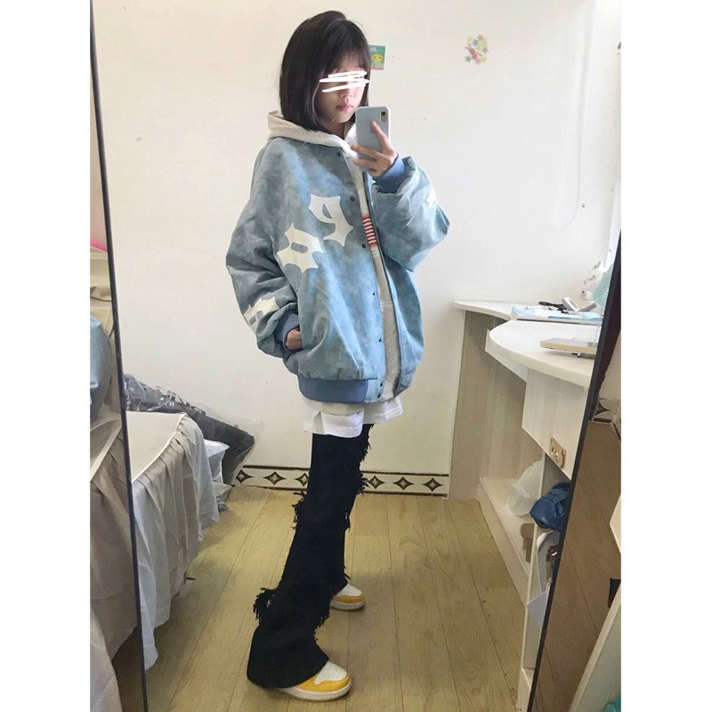 American retro embroidered letter jacket for small women in autumn and winter oversize loose plus velvet baseball jacket