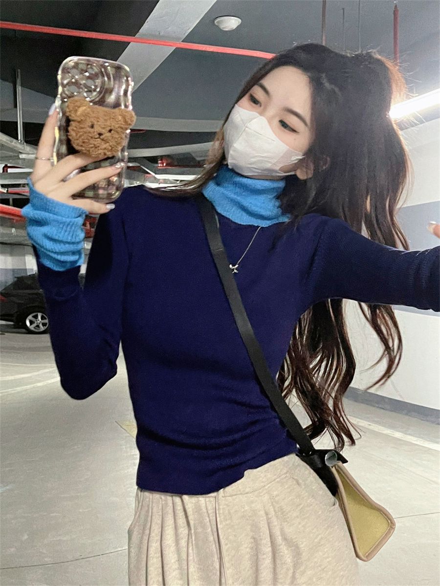 實拍假兩件撞色長袖針織衫女修身拼接收腰打底衫內搭上衣