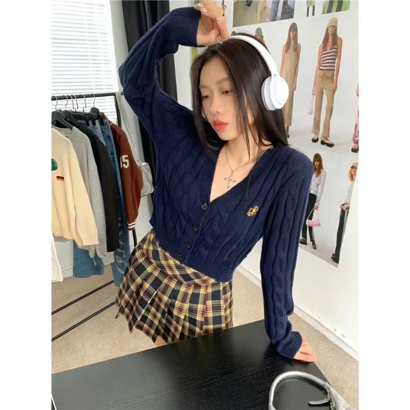 藏藍色V領針織開衫外套女裝早春新款長袖短款寬鬆毛衣打底衫上衣