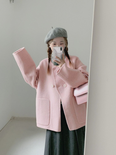 High-end large pocket mid-length pink woolen coat for women autumn and winter new Korean style loose and versatile woolen coat