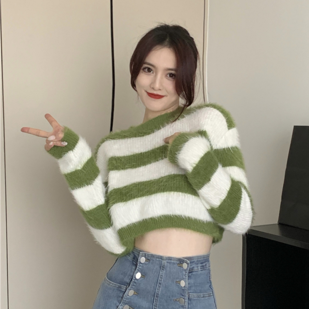 仿貂絨條紋短款上衣女秋冬寬鬆高級復古慵懶風軟糯套頭針織衫毛衣