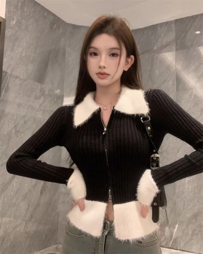 Black short polo collar knitted cardigan for women in autumn and winter fur collar zipper sweater slim inner layering top