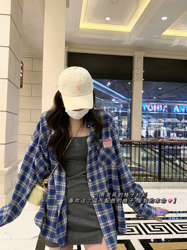 bigking大金家藍色格子襯衫上衣女春季寬鬆復古長袖防曬襯衣外套