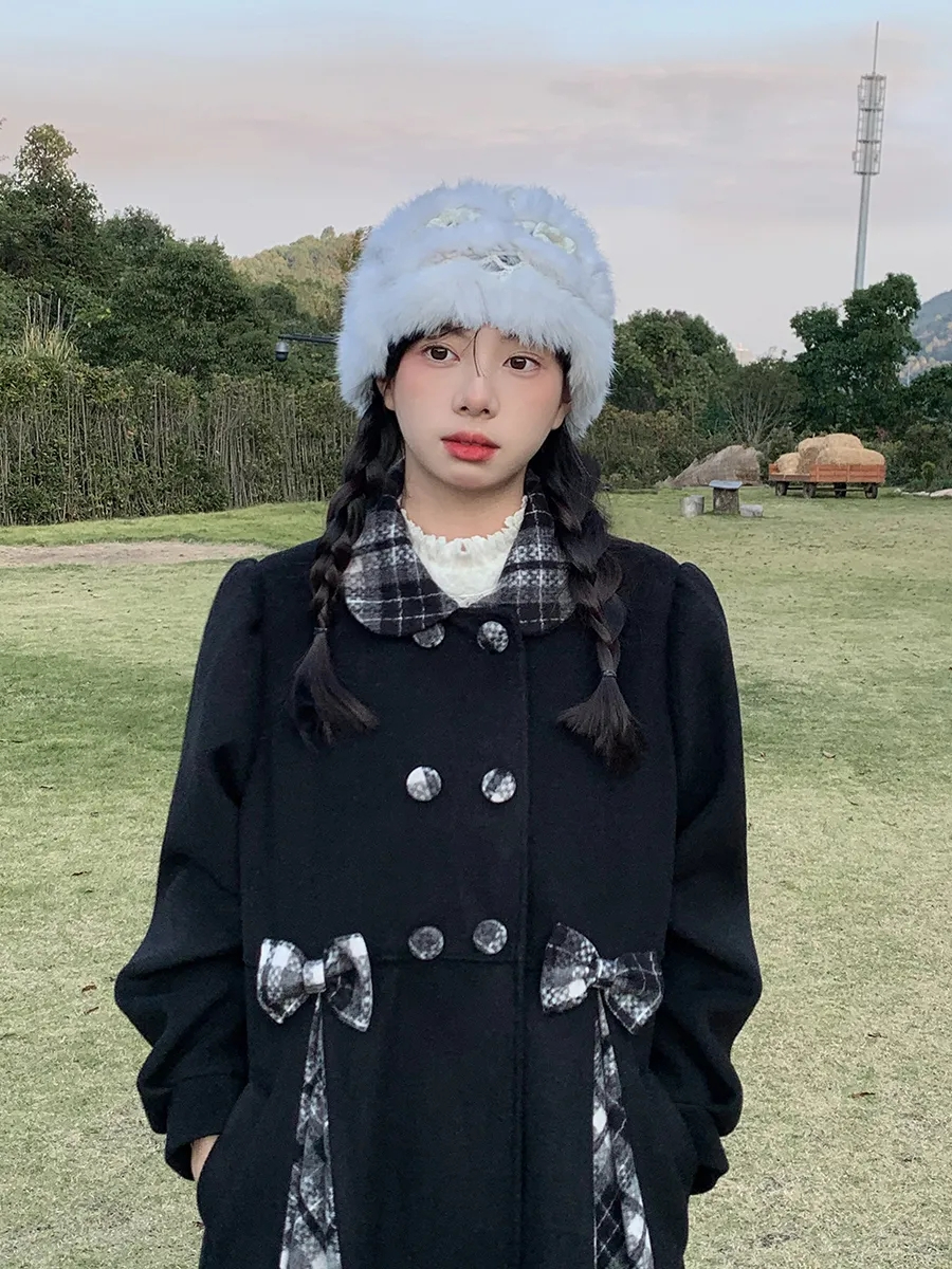 Black coat doll collar plaid autumn and winter bow girl loose slim new style mid-length woolen coat for women