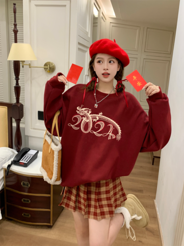 Real shot original Chinese style 2024 Year of the Dragon New Year red thickened plus velvet baby velvet long-sleeved sweatshirt for male and female besties