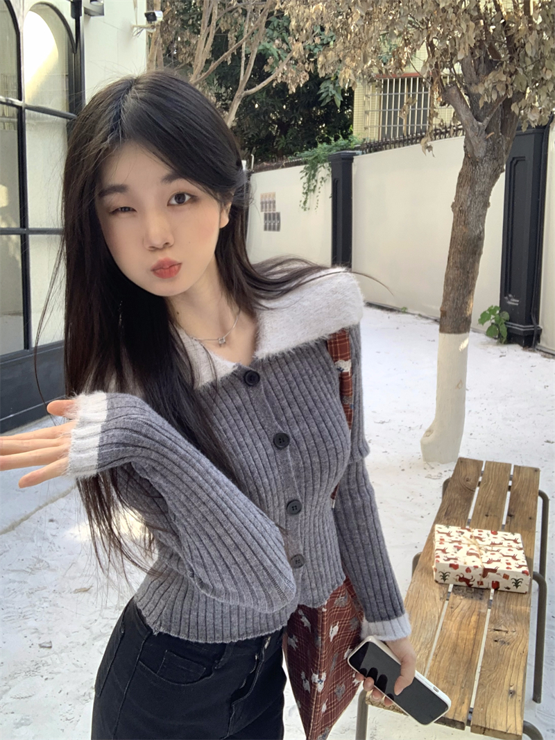 實拍  毛領拼接修身開衫針織上衣