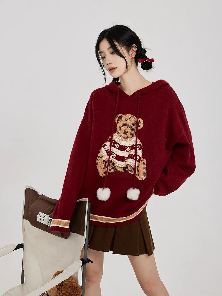 吵吵家 連帽毛衣女春秋冬美式寬鬆慵懶風小熊設計感套頭外套上衣