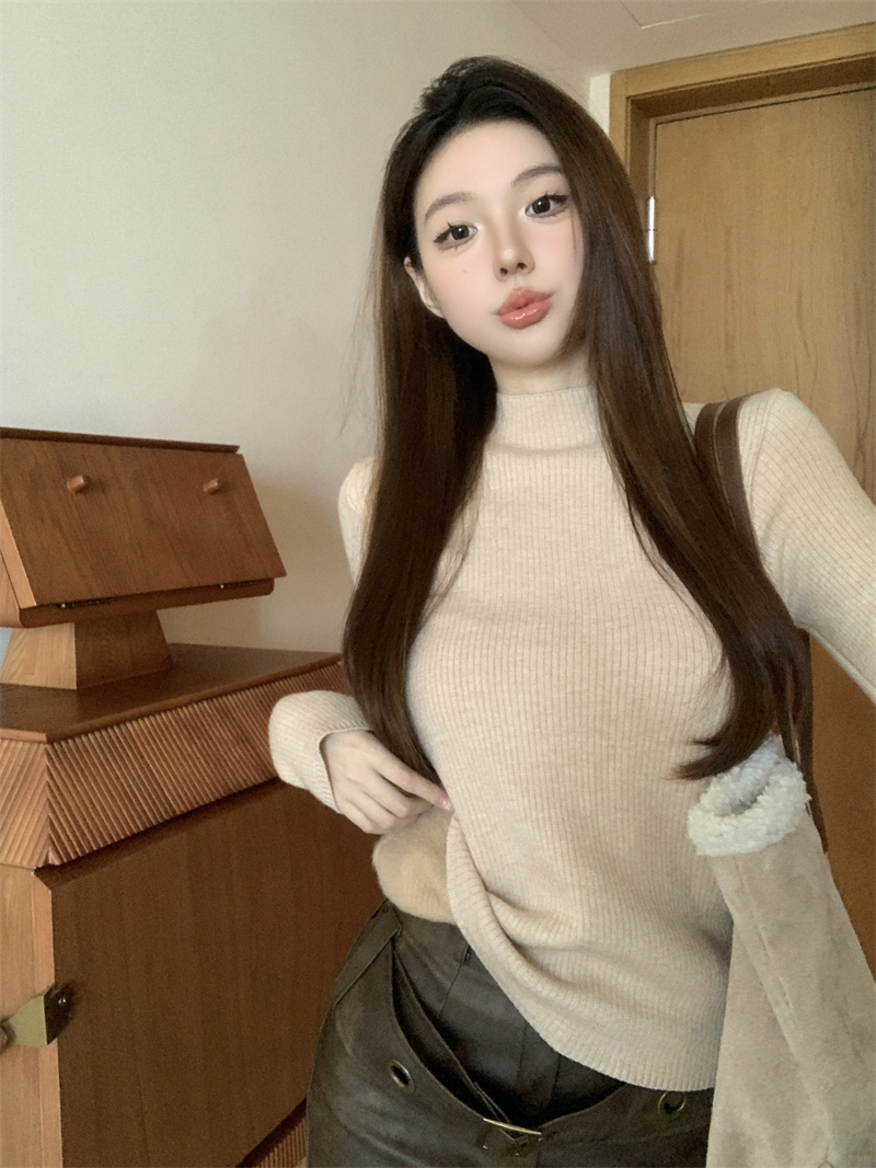實拍 冬季韓版一體絨加厚加絨半高領針織衫打底毛衣女
