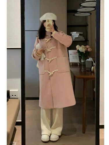 Horn button woolen coat for women  new autumn and winter Korean style loose and gentle temperament thickened hooded woolen coat