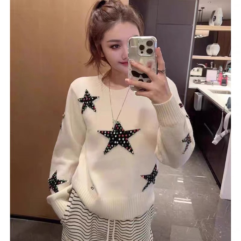 歐貨慵懶風重工鑲鑽星星圓領套頭毛衣女秋冬新款寬鬆顯瘦上衣ins