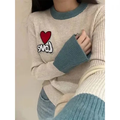刺繡字母愛心撞色長袖羊毛針織衫女秋冬2023新款修身內搭打底毛衣