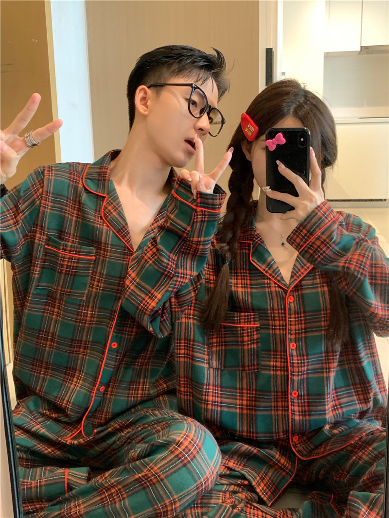 實拍韓版秋冬聖誕紅綠保暖磨毛撞色格紋寬鬆休閒外穿家居服套