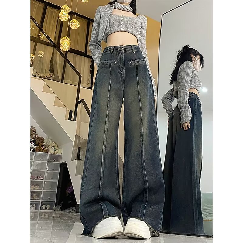 大碼復古美式牛仔褲女秋冬胖mm設計感寬鬆顯瘦高腰直筒闊腿拖地褲