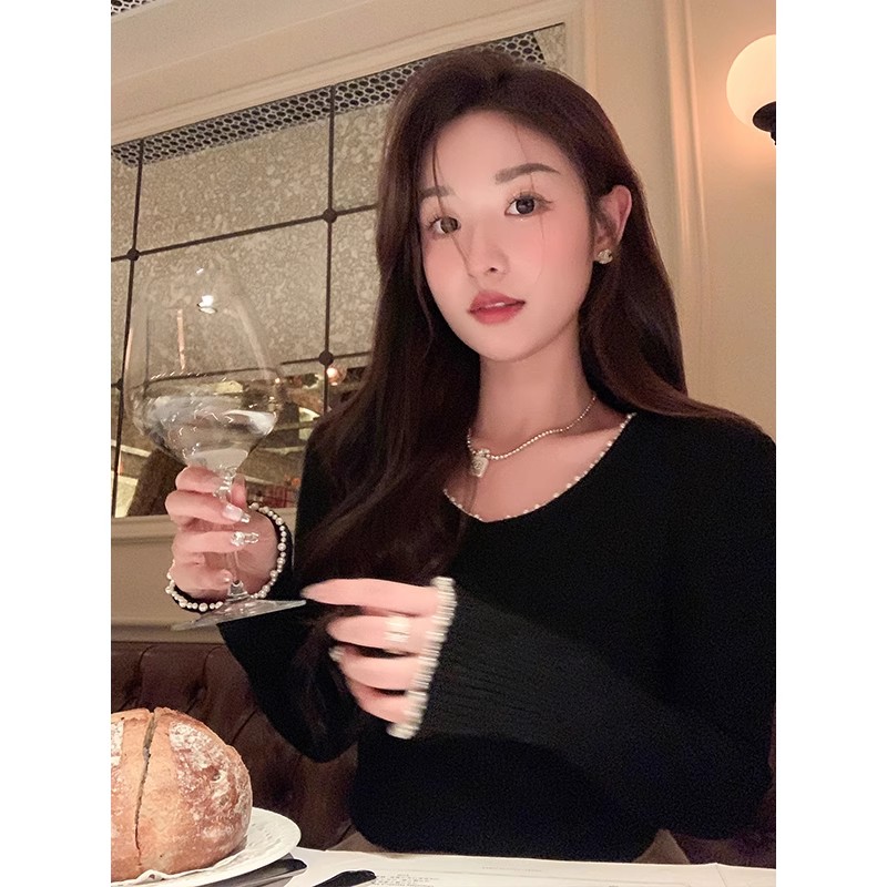 cchen陳陳 波斯綸打底衫_珍珠邊V領內搭保暖秋冬小個子百搭上衣女