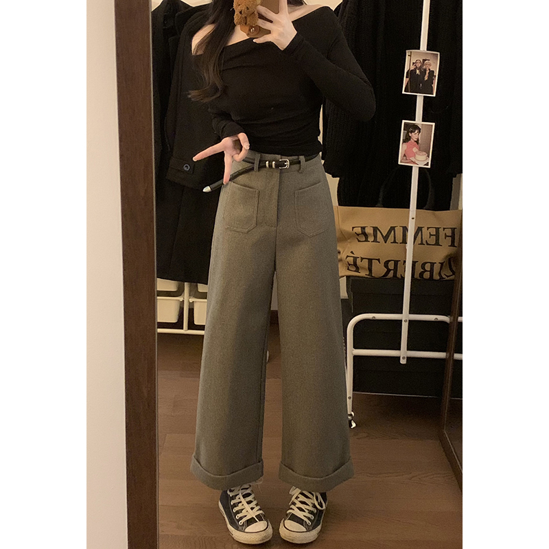 實拍2023秋冬季呢子鬆緊腰休閒九分闊腿褲子女寬鬆卷邊休閒西褲女