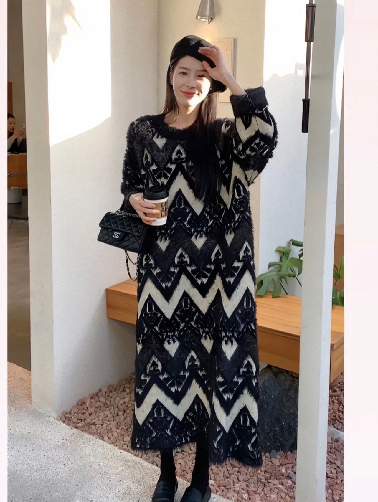 Jiuyi Customized. Fantasy winter black and apricot design, loose, thick, slimming and versatile dress