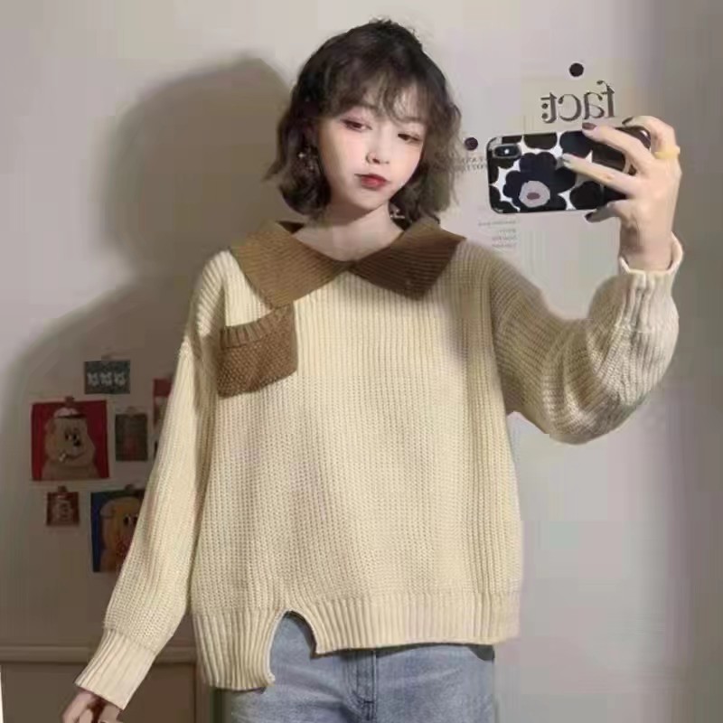 秋冬韓版新款潮上衣學生撞色POLO領寬鬆ins慵懶風網紅長袖毛衣女