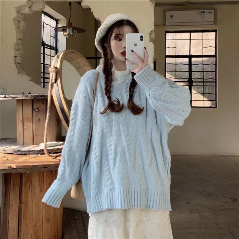 奶藍色毛衣女冬季新款溫柔軟糯洋氣韓版寬鬆慵懶風針織衫上衣