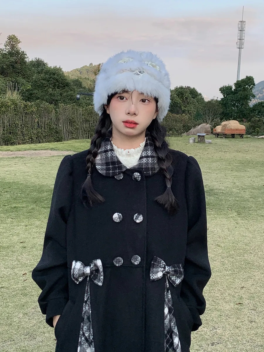 Black coat doll collar plaid autumn and winter bow girl loose slim new style mid-length woolen coat for women