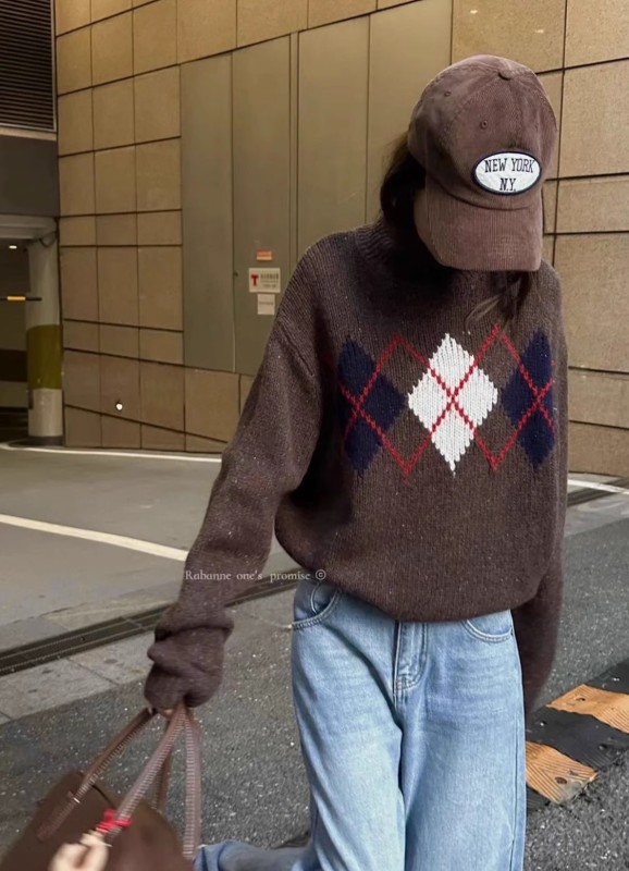 冬季新款全毛7306針織衫韓系菱形格高領套頭毛衣時尚洋氣百搭