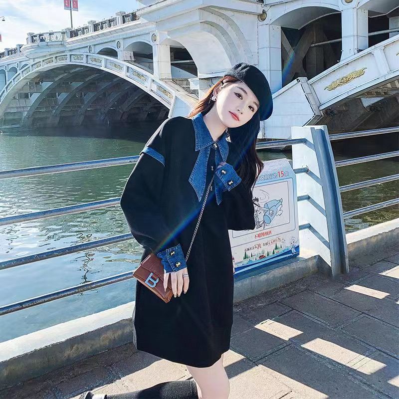 牛仔拼接長袖針織裙女中長款2023春新款寬鬆減齡小個子炸街連衣裙