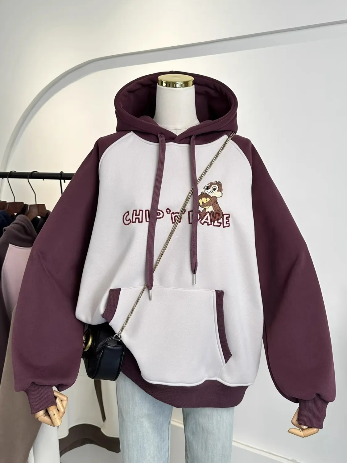 韓國單重工刺繡卡通洋氣拼色寬鬆加厚加絨衛衣女連帽保暖外套秋冬