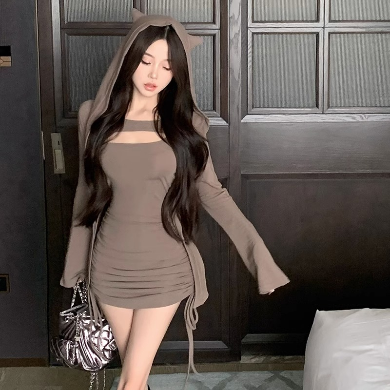 純欲性感斜肩吊帶連衣裙女秋季辣妹裙子收腰修身抽繩綁帶包臀短裙