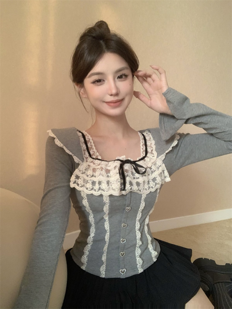 實拍 奶芙芙少女感蕾絲拼接蝴蝶結修身上衣