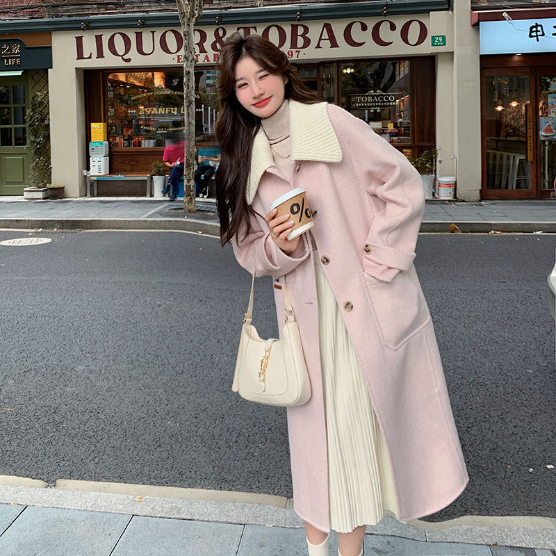 Pink woolen coat for women winter 2023 new thickened Korean style small medium-length high-end woolen coat