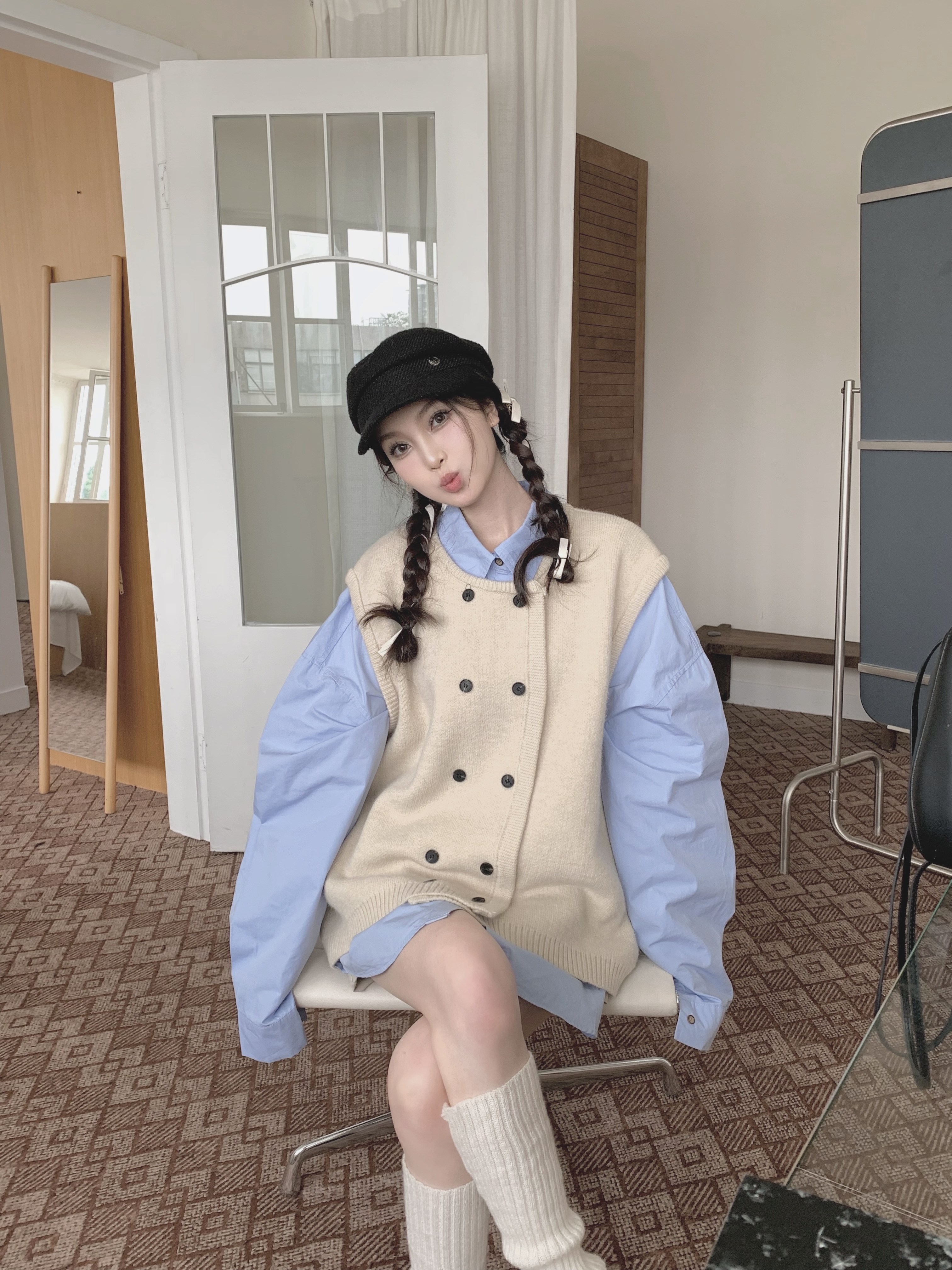 實拍 元氣少女~復古森系針織馬甲百搭設計感襯衫裙套裝