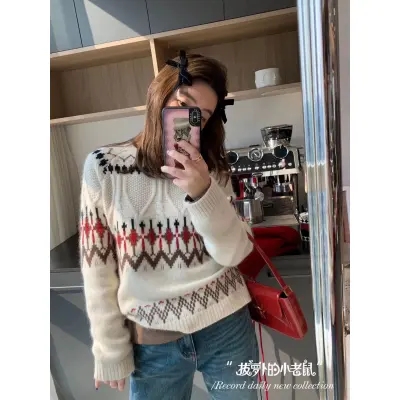 阿拉善駱駝絨鈎花毛衣女2023冬裝新款韓版撞色減齡保暖顯瘦上衣潮