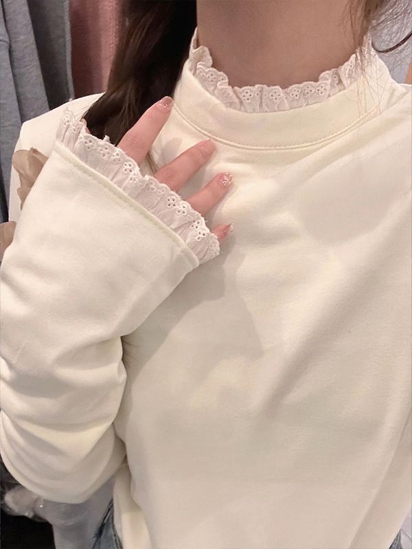 德絨1*1半高領蕾絲花邊打底衫女小個子甜美秋冬2023新款德絨