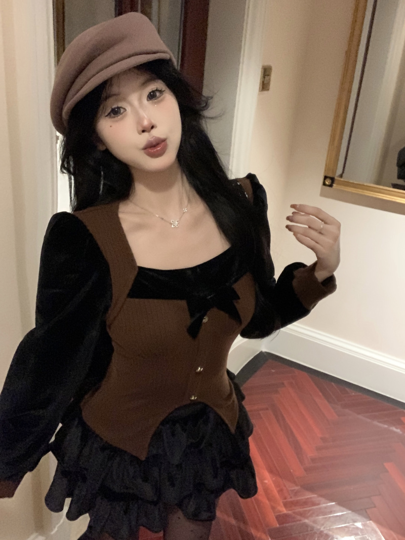 實拍 撞色拼接小香風開叉下擺蝴蝶結上衣+絲絨蓬蓬半裙女