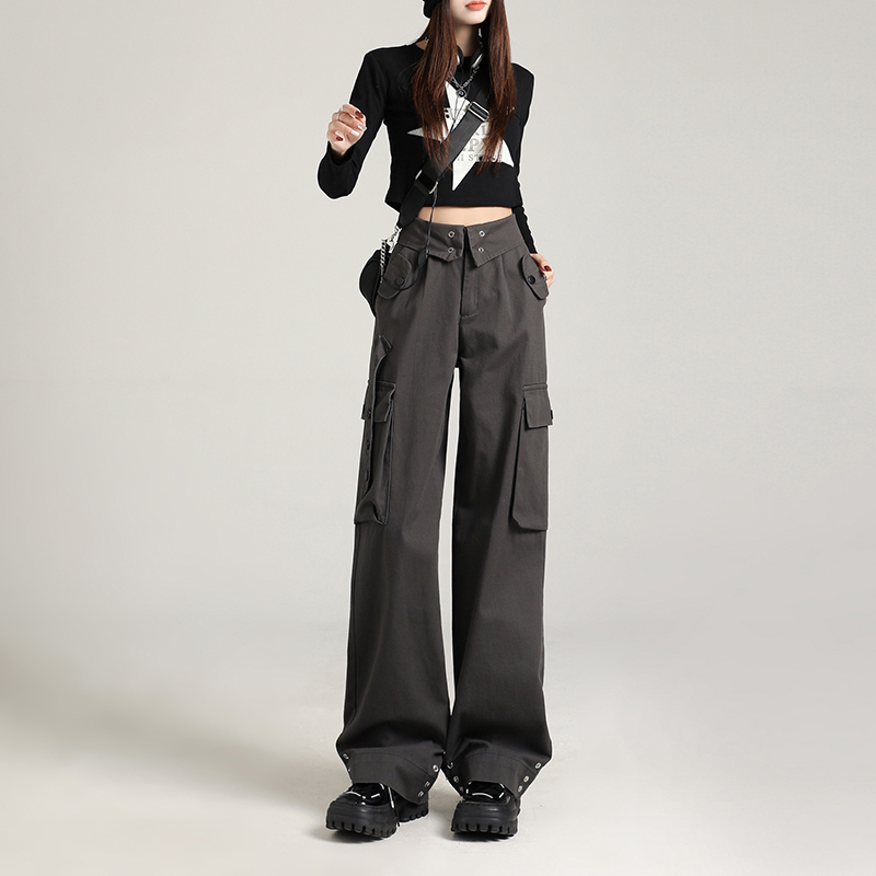 Actual shot of retro overalls, street turn-down design, high waist and drape, loose wide-leg pants & trousers with extensions