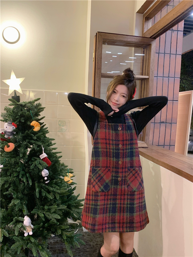 實拍~聖誕穿搭紅色格子裙女秋冬小個子格紋背心裙連衣裙