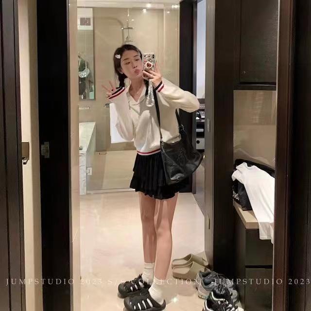 草莓跳 polo領套頭長袖針織衫女秋季寬鬆韓版女裝內搭打底衫上衣
