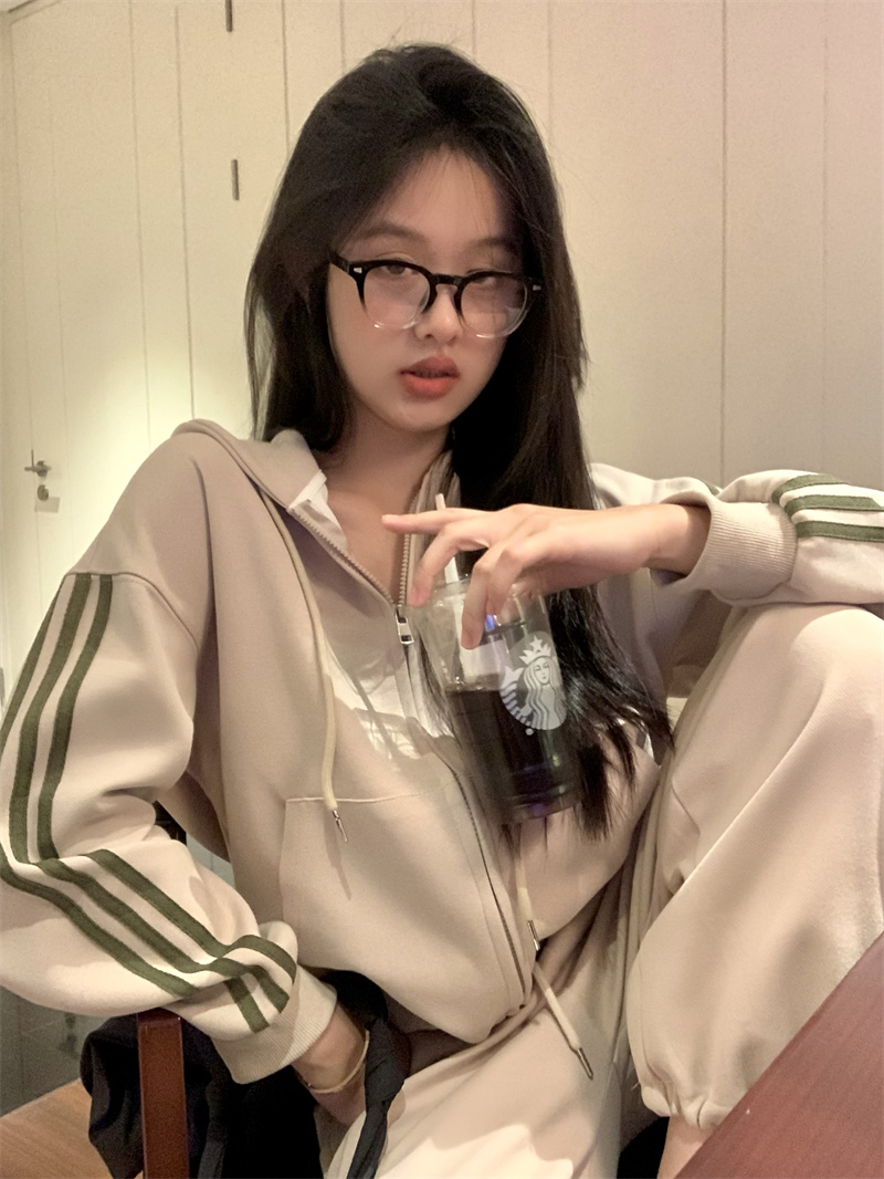實拍 寬鬆套裝女袖子杆杆時尚顯瘦休閒兩件套潮入