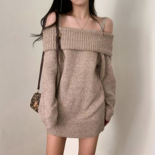 Korean chic sexy off-shoulder one-neck knitted dress with a stylish and stylish suspender sweater skirt