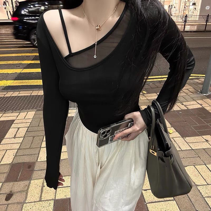 純欲風打底衫設計感黑色T恤女2023新款秋季內搭小眾別致長袖上衣