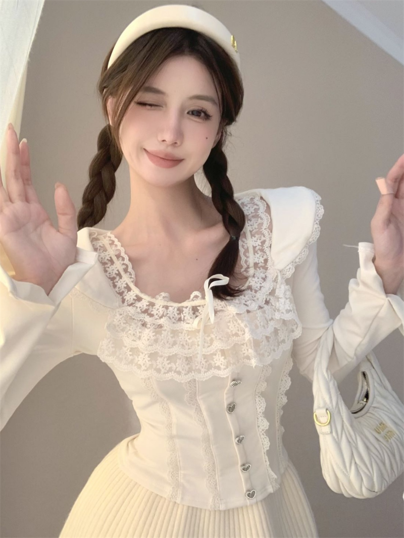 實拍 奶芙芙少女感蕾絲拼接蝴蝶結修身上衣