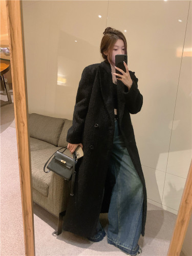 Actual shot ~ Black suit woolen coat for women autumn and winter mid-length Korean style high-end woolen coat